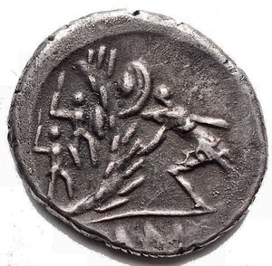 reverse: Roman Republic - C. Numonius Vaala. AR Denarius. 41 BC. Obv: Bare head of Numonius Vaala right; C•NVMONIVS downwards before, VAALA upwards behind. Rev: Soldier advancing left, holding sword and shield, attacking a vallum defended by two soldiers; VAALA in exergue. Ref: Crawford 514/2; RSC Numonia 2. 3.86g, 16,67 x 18,32 mm. gVF. Provenance: Ex BALDWIN S AUCTIONS LTD