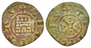 obverse: CRUSADER.Tripoli.Bohemond V.(1233-1251).Ae. Obv : St. Andrew s cross pommettée, circle in centre; crescent and pellet in quarters. Rev : Fortified gateway. Condition : Green and dark reddish-brown patina.Good very fine. Weight : 0.8 gr Diameter : 16 mm