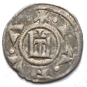 obverse: Genova Repubblica (1139-1339) Denaro. D/ Castello R/ Croce. Gr. 0.85. AG. BB+ Patina
