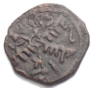 reverse: Messina Ruggero II (1105-1154) 1/2 Follaro. D/ Croce, al centro stella; negli spazi leggenda cufica. R/ Leggenda cufica disposta attorno a globetto. Sp.79. AE, 1.11 gr. BB 
