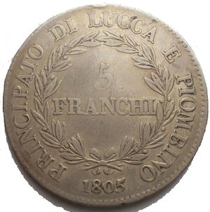 reverse: Lucca e Piombino. Elisa Bonaparte e Felice Baciocchi (1805-1814). 5 franchi 1805. Pag. 251. AG. R.  qBB.