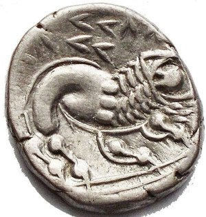 obverse: CELTIC COINS. GALLIA CISALPINA. SALLUVII (?). AR drachma of the Massalia type, scorpion type, 3rd/2nd cent. century B.C. BC; 2.76g Artemis head r.//Lion r. with a scorpion-like head. Dembski 115 ff. aEF