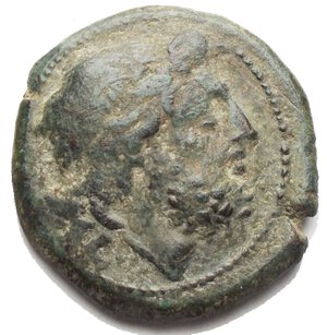 obverse: Apulia. Teate. Teruncius c. 225-200 BC; AE (g 7,82; mm 22,3); Diademed head of Poseidon r., Rv. TIATI, oecist riding dolphin l., holding kantharos and trident. HNItaly 705. Very fine. Green patina. Rare