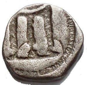 reverse: Bruttium, Statere, Crotone, c. 480-430 a.C.; AR (g 7,43; mm 18,22) d/ Tripode, a sn. airone  r/ Tripode incuso. qBB