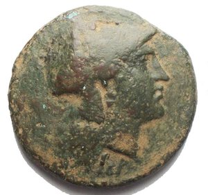 obverse: BRUTTIUM, Lokroi Epizephyrioi. temp. Pyrrhos of Epeiros. Circa 281-272 BC. Æ (24.05 mm, 7.74 g). Helmeted head of Athena right / Pegasos flying left. VF. Green patina