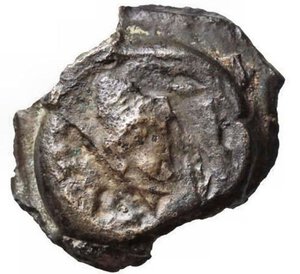 obverse: Central Italy, uncertain mint Æ20. 1st century BC. Bearded head of Vulcan right, wearing wreathed pileus, P CAIO behind / Ring from which are suspended two strigils and an aryballos. Cf. C. Stannard, Iconographic parallels between the local coinages of central Italy and Baetica in the first century BC, 1996, 39. 6.90g, 20mm, 7h.  Very Fine. Very Rare.