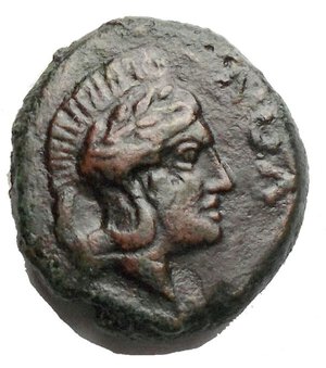 obverse: Sicily, Mercenaries (ATL), Bronze, 357-336 BC; AE (g 3,7; mm 14,2 x 15,6); ΑΘΛ, head of Athena r., wearing crested Attic helmet, Rv. Female figure seated r., holding trident and bow. CNS III, 3. Very rare and good example