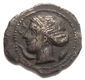 obverse: Syracuse Litra (Silver, 0.76 g ), c. 410-405, signed by Phrygillos on the obverse. Head of Arethusa to left, her hair bound up at the back and held in a sakkos inscribed ; to left, dolphin swimming downwards to right; to right, grain ear. Rev. Octopus. Rizzo pl. XLIII, 17. SNG ANS 277 (but signature not noted). Extremely rare.