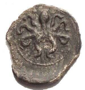 reverse: Syracuse Litra (Silver, 0.76 g ), c. 410-405, signed by Phrygillos on the obverse. Head of Arethusa to left, her hair bound up at the back and held in a sakkos inscribed ; to left, dolphin swimming downwards to right; to right, grain ear. Rev. Octopus. Rizzo pl. XLIII, 17. SNG ANS 277 (but signature not noted). Extremely rare.