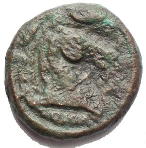reverse: Roman Republic. Litra circa 241-235, Æ 2.97 g. Helmeted head of Mars r. Rev. Bridled horse s head r.; behind, sickle and beneath, ROMA. Sydenham 26. RBW 40. Crawford 25/3. Historia Numorum Italy 299. Traces of retyping