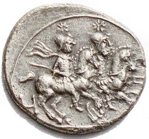 obverse: The Roman Republic. H series Quinarius, South East Italy circa 211-210, AR 1.76 g. Helmeted head of Roma r.; behind, V. Rev. The Dioscuri galloping r.; in l. field, H Sydenham 174a. Crawford 85/1b. Very rare variety, with H behind horse s legs. a Extremely fine