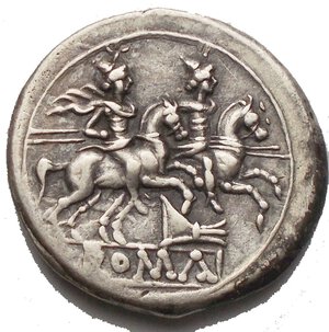 reverse: The Roman Republic Struck Coinage Rostrum tridens (second) series Denarius circa 206-195, AR 4.12 g. Helmeted head of Roma r.; behind, X. Rev. The Dioscuri galloping r.; below, rostrum tridens and ROMA in partial tablet. Sydenham 244. Crawford 114/1. EF/aEF