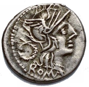obverse: Roman Republic - T. Cloelius (ca. 128 BC). AR denarius (20.1mm, 3.84 gm). VF. Rome. Head of Roma right, wearing winged helmet surmounted by griffin crest; wreath behind / T•CLOVLI, Victory driving rearing biga right; stalk of grain below. Crawford 260/1. Cloulia 1.