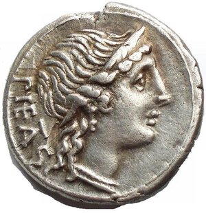 obverse: M. Herennius, Denarius, Rome, 108 or 107 BC, AR (g 3,9. mm 18,36), Head of Pietas r., wearing diadem behind, PIETAS, Rv. One of the Pii fratres (Anphinomos or Anapias) running r., bearing his father on his shoulders behind, M HERENNI before, control letter. Crawford 308/1b Herennia 1 Sydenham 567a. 