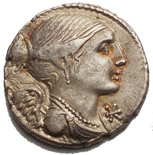 obverse: L. Valerius Flaccus. Silver Denarius (3.9 g), 108-107 BC. Rome. Draped bust of Victory right; below chin, denomination. Reverse: L VALERI / FLACCI in two lines to left, Mars advancing left, holding spear and trophy; in left field, flamen s cap (apex); in right field, grain stalk. Crawford 306/1; Sydenham 565; Valeria 11. Nicely toned. Very Fine. 