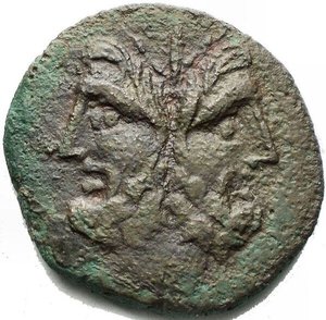 obverse: The Roman Republic Gargonius, Ogulnius, Vergilius, Rome, 86 BC, As, AE, (g 9.09, mm 25,8 ). Laureate head of Janus; above, I, Rv. Rv. Prow l.; above, L and VER OGVL GAR. RRC 350A/3f; BMCRR Rome 2633 var; B. Gargilia 12, Ogulnia 12, Vergilia 8; Sydenham 722e. aEF