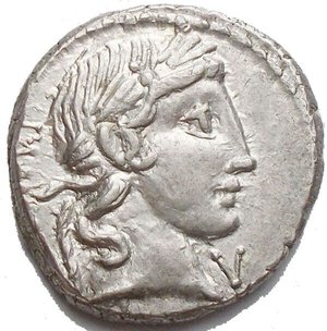 obverse: C. Vibius C.f. Pansa. 90 BC. AR Denarius (3.95 gm). Laureate head of Apollo right; PANSA behind, V below chin / Minerva in quadriga right; C. VIBIVS. C. F in exergue. EF. Shiny bottoms. Fine specimen