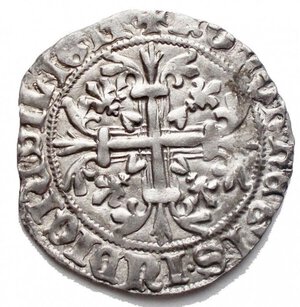 reverse: Roberto d’Angiò (1309-1343), Gigliato,Napoli, AR, (g 3,96, mm 27,13). +ROBERT⋅DEI⋅GRA⋅IERL’⋅ET⋅SICIL’⋅REX, Roberto seated facing, holding lis-tipped scepter and cruciger globus , Rv. +hONOR⋅REGIS⋅IUDICIV⋅DILIGIT, cross fleurée; lis in each angle. MIR 28/7; CNI 83 var; Pannuti-Riccio 2a; MEC 14, 714. Rare. VF - aEF