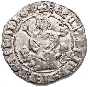 obverse: Roberto d’Angiò (1309-1343), Gigliato,Napoli, AR, (g 3,98, mm 27,74). +ROBERT⋅DEI⋅GRA⋅IERL’⋅ET⋅SICIL’⋅REX, Roberto seated facing, holding lis-tipped scepter and cruciger globus , Rv. +hONOR⋅REGIS⋅IUDICIV⋅DILIGIT, cross fleurée; lis in each angle. MIR 28/7; CNI 83 var; Pannuti-Riccio 2a; MEC 14, 714. Rare. Old cabinet tone. VF - aEF
