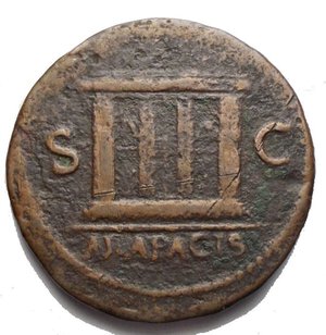 obverse: Nero. AD 54-68. Æ As (29 mm, 9.38 g). Lugdunum (Lyon) mint. Struck circa AD 65. Bare head left, globe at point of neck / ARA PACIS, altar-enclosure with ornamented top, decorated front panels, and central double doors. RIC I 461; WCN 576; Lyon 152. Green brown patina. Good F - aVF. Rare type for Nero.