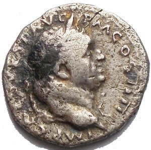 reverse: Vespasian. AD 69-79. AR Denarius (17,2 mm. 2,95 g). “Judaea Capta” commemorative. Antioch mint. Struck AD 72-73. Laureate head right / Palm tree; to left, Vespasian standing right, holding spear and parazonium, foot on helmet; to right, Jewess, in attitude of mourning, seated right. RIC II 1558; RSC 645. aVF.