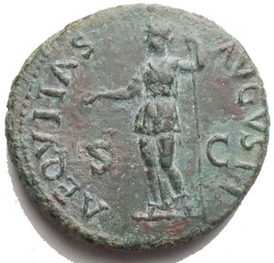 reverse: Vespasian (69-79). AE As. Obv. IMP CAES VESPASIAN AVG COS III. Laureate head right. Rev. AEQVITAS AVGVSTI SC. Aequitas standing left, holding scales and rod. g 12,24. mm 27,55. R. Good VF. Rare. Good example.