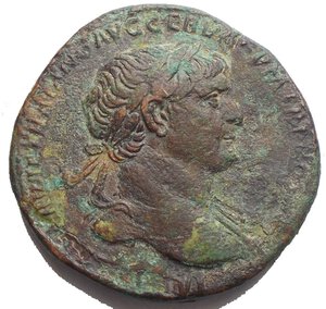 obverse: TRAJAN. 98-117 AD. Æ Sestertius ( g 24.73 g, mm 33,15). Struck 103 AD. Laureate head right, slight drapery on left shoulder / Dacia seated left, in attitude of mourning, on shields and arms; trophy before her, arms at its feet. RIC II 561; BMCRE 785; Cohen 532. VF/aF brown-green patina