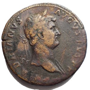 obverse: Hadrian (AD 117-138). Sestertius (28,76 gm). Ca. 128-132. HADRIANVS   AVGVSTVS P P, laureate bust right,  / HILARITAS P R around, COS III in exergue, S—C in fields, Hilaritas standing half-left, holding long grounded palm by frond and cornucopiae, boy to left, holding palm by branch, girl to right, touching garment. Rif RIC 970. Brown patina. aVF