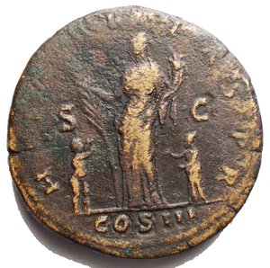 reverse: Hadrian (AD 117-138). Sestertius (28,76 gm). Ca. 128-132. HADRIANVS   AVGVSTVS P P, laureate bust right,  / HILARITAS P R around, COS III in exergue, S—C in fields, Hilaritas standing half-left, holding long grounded palm by frond and cornucopiae, boy to left, holding palm by branch, girl to right, touching garment. Rif RIC 970. Brown patina. aVF