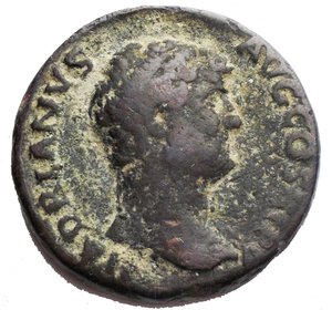 obverse: Hadrian Æ As. Rome, AD 134-138. HADRIANVS AVG COS III PP, bare head right / ANNONA AVG, Annona standing slightly left, holding grain ears over modius and rudder set on a prow; S-C across fields. RIC 796. 11.15 g, 26.18 mm VF Patina