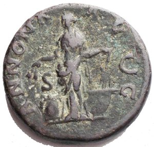 reverse: Hadrian Æ As. Rome, AD 134-138. HADRIANVS AVG COS III PP, bare head right / ANNONA AVG, Annona standing slightly left, holding grain ears over modius and rudder set on a prow; S-C across fields. RIC 796. 11.15 g, 26.18 mm VF Patina