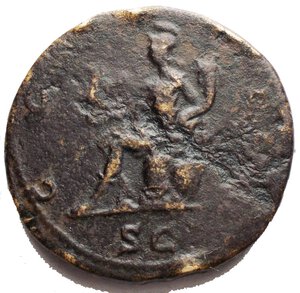 reverse: HADRIANUS 117-138 Sestertius 125-128 AE g 23.82 mm 32.64  HADRIANVS - AVGVSTVS Laureate, draped bust r. Rev. COS - III / SC Roma, wearing crested helmet, seated l. on cuirass, holding cornucopiae in her l. hand, on her outstretched r. hand, Victory with wreath; at her l. side, shield on helmet. RIC 424, 636. C. 343. BMC 432, 1301. Strack II, 611. 