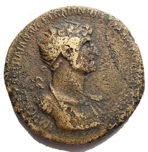 reverse: Hadrian Æ Dupondius. AD 117. IMP CAES DIVI TRAIAN AVG F TRAIAN HADRIAN OPT AVG GER, radiate and cuirassed bust right, slight drapery on far shoulder / DAC PARTHICO P M TR P COS PP, Concordia seated left, holding patera and resting arm on small statuette of Spes standing on small column; cornucopiae below seat; CONCORDIA - S-C in two lines in exergue. RIC II 538b. 12.72g, 26.8 x 26.6mm aVF