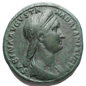 obverse: Sabina, wife of Hadrian (died 137 AD). AE Sestertius, 136-138. Obv. SABINA AVGVSTA HADRIANI AVG P P. Bust of Sabina, diademed, wearing stephane with hair in queue, draped, right. Rev. CONCORDIA AVG // S C (in field). Concordia standing left, resting on column, holding patera and double cornucopia. RIC 1026. 24,98 g. 30,9 x 31,5 mm. Good VF. Green patina