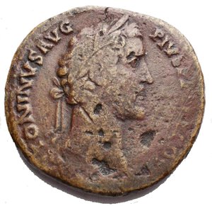 obverse: Antoninus Pius. AD 138-161. Æ Sestertius (32,3mm. 21,66 g). Rome mint. Struck AD 143-144. Laureate head right / Fides standing right, holding grain ears and basket of fruit. RIC III 716a; BMCRE 1608; Cohen 426. F-aVF, brown surfaces. Pius was acclaimed imperator for the second time following the victory of Q. Lollius Urbicus over the Brigantes in Britain, and the construction of the Antonine Wall.