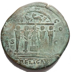 reverse: Marcus Aurelius AD 161-180.  Sestertius Æ 31.3 mm,  26.02 g d/ M ANTONINVS AVG TR P XXVII. Laureate and cuirassed bust right r/ IMP VI COS III / S - C / RELIG AVG. The Aedes Mercurii: Mercury standing left on pedestal, holding caduceus and purse, within temple with four herm columns; on tympanum, tortoise, cock, ram, petasus, winged caduceus, and purse. a very fine RIC III 1076; MIR 18, 258-6/35; Banti 259.