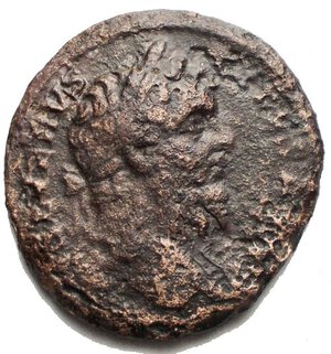 obverse: Septimius Severus Æ As. Rome, AD 202-211. SEVERVS PIVS AVG, laureate head to right / VIRTVS AVGVSTOR, Virtus seated to left, holding Victory and parazonium; shield behind, SC in exergue. RIC IV 830a; C. 767; BMCRE 815 (Septimius & Caracalla). 9.12g, 19.7 x 21.1mm. Rare.