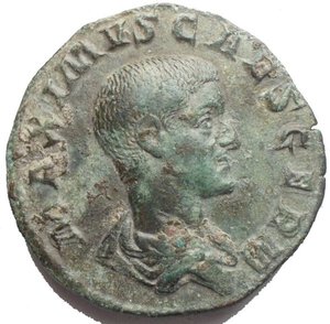 obverse: Maximus Sestertius. Rome, AD 236. MAXIMVS CAES GERM bare-headed, draped bust right / PRINCIPI IVVENTVTIS, Maximus in military dress standing left, holding wand, two legionary signa to right, S-C across fields. 21.51 g, 29.7 mm a Extremely Fine. Attractive green patina.