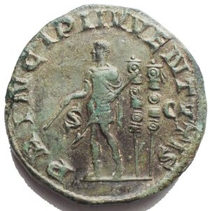 reverse: Maximus Sestertius. Rome, AD 236. MAXIMVS CAES GERM bare-headed, draped bust right / PRINCIPI IVVENTVTIS, Maximus in military dress standing left, holding wand, two legionary signa to right, S-C across fields. 21.51 g, 29.7 mm a Extremely Fine. Attractive green patina.
