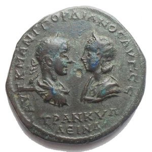 obverse: Roman Provincial MOESIA INFERIOR. Tomis. Gordian III, with Tranquillina, 238-244. Tetrassarion (Bronze, 23.3 mm, 12.26 g). AYT K M ANT ΓOPΔIANOC AYΓ CЄ / TPANKYΛ-ΛЄINA Laureate, draped and cuirassed bust of Gordian III, on the left, facing diademed and draped bust of Tranquillina, on the right. Rev. MHTPO ΠONTOY TOMEΩC Zeus standing front, head to left, holding patera in his right hand and scepter in his left; at his feet, eagle standing left, head turned back to right; in field to left, Δ (mark of value). AMNG 3509. RPC VII.2 online 1726. Varbanov 5728. a EF. Good patina. Good example