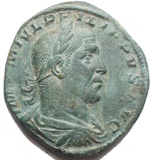 obverse: Philip I. AD 244-249. Æ Sestertius. d/IMP M IVL PHILIPPVS AVG. Laureate, draped, and cuirassed bust right. r / SECVRIT ORBIS / S C. Securitas seated left, holding scepter and propping head on hand. RIC IV 190; Cohen 216. 28,6 x 31,01 mm. 17,94 g. a EF. Good green patina