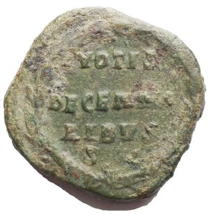 reverse: Volusian (251-253). Æ Sestertius (28.98 mm, 22.72g). Rome, August-October AD 251. Laureate, draped and cuirassed bust r. R/ VOTIS/DECENNA/LIBVS/ S C in four lines within laurel wreath. RIC IV 264; Banti 29. Green patina Good VF