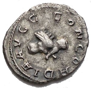 obverse: GALLIENUS, (A.D. 253 - 268), billon antoninianus, (2.84 g), Rome mint, 1st emission, issued 253-4, obv. radiate, draped and cuirassed bust right, around IMP C P LIC GALLIENVS AVG, rev. CONCORDIA AVGG around, clasped hands, (S.10189, RIC 131, RSC 125).Toned, VF-GoodVF+