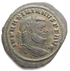 obverse: Maximianus Herculius (286-305 AD). AE Follis (30.6 mm, 8.53 g), Carthago, c. 297 AD. Obv. IMP MAXIMIANVS P F AVG, Laureate head right. Rev. FELIX ADVENT AVGG NN, Africa standing facing, head left, in long drapery with elephant-skin head-dress, right holding standard, left tusk, at feet to left, lion with captured bull; H in left field, ° PKB in exergue. Extremely fine. Good green patina