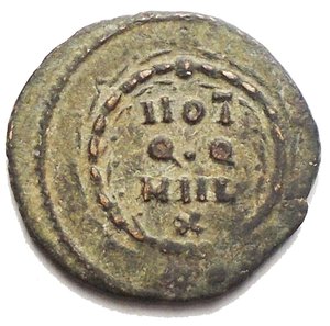 obverse: Maxentius (307-312). Æ Quarter Follis (16,55 mm. 1,85 g). Rome 310-2. Laureate head r. R/ VOT/QQ/MVL/X within wreath. RIC VI 281a.  near VF