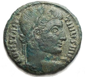 obverse: Constantine I. A.D. 307/337. Centenionalis (18.5 mm, 2.75 g). d/ CONSTANTINVS AVG, laureate head of Constantine I right / D N CONSTANTINI MAX AVG around, VOT / XX in two lines within wreath Good VF