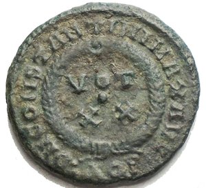 reverse: Constantine I. A.D. 307/337. Centenionalis (18.5 mm, 2.75 g). d/ CONSTANTINVS AVG, laureate head of Constantine I right / D N CONSTANTINI MAX AVG around, VOT / XX in two lines within wreath Good VF