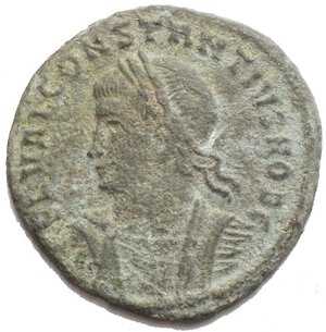 obverse: Constantius II, as Caesar, 324-337. Follis (Billon, 18.1 mm, 2.41 g), Rome, 4th officina, 324-325. FL VAL CONSTANTIVS NOB C Laureate, draped and cuirassed bust of Constantius II to left. Rev. PROVIDENTIAE CAESS / R Q Camp gate VF