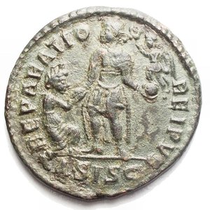 reverse: Maiorina di Teodosio 379-395 d.C.D N THEODO-SIVS PF AVG busto diademato verso destra r/ REPARATIO REI PVB l  imperatore regge una vittoriola mentre una figura femminile inginocchiata gli rende omaggio zecca di Sciscia. Peso 5,55 g Diametro 24,11 mm RIC.26c qSPL Patina Verde