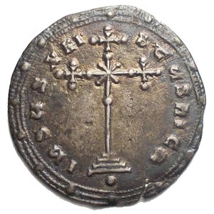 obverse: Constantine VII Porphyrogenitus (913-959 AD), and Romanus II. AR Miliaresion (18.1 x 18.8 mm, 2.52 g), Constantinopolis. Obv. IhSYS XRI – StYS nICA Cross crosslet on base and three steps, ornamented with X at intersection; below, small globe. Rev. + COnST·t./· ΠORFVROS / Ce ROmANO / En Xω EYSEb  / b  / RωMEOn. Sear 1757; DO 21. VF-aEF Good patina